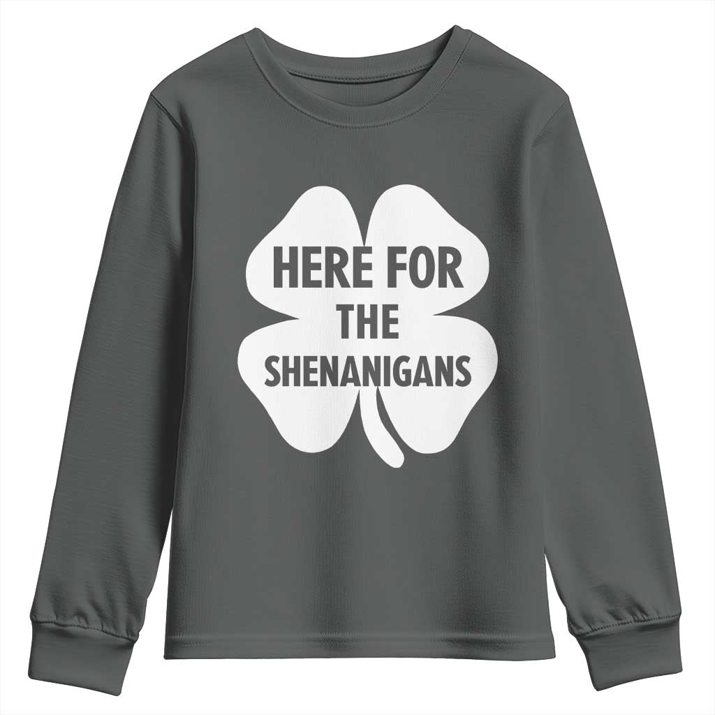 Funny Irish St Patricks Day Youth Sweatshirt Here for the Shenanigans TS10 Dark Heather Print Your Wear