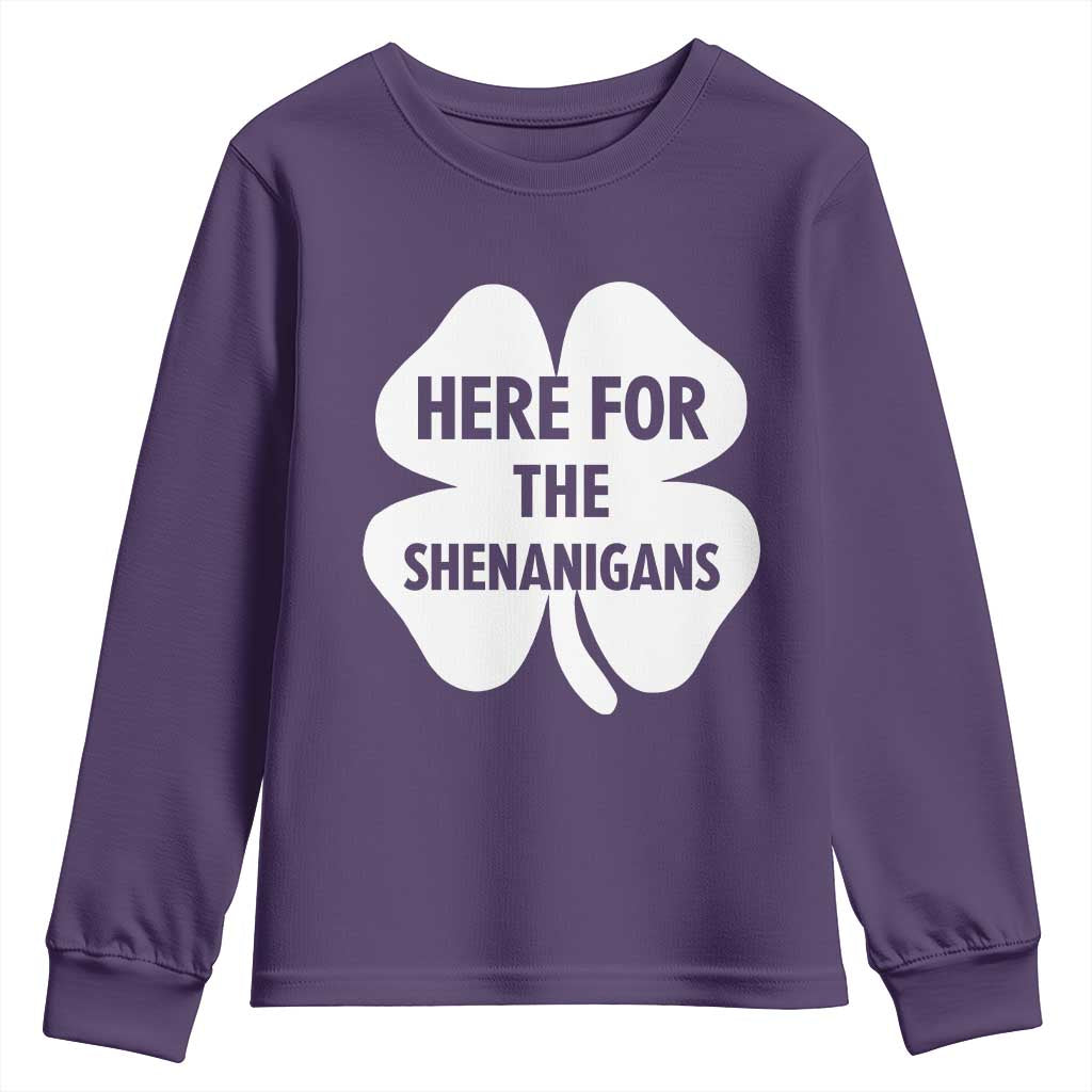 Funny Irish St Patricks Day Youth Sweatshirt Here for the Shenanigans TS10 Purple Print Your Wear