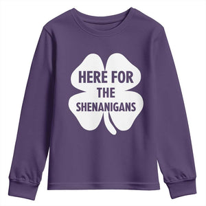 Funny Irish St Patricks Day Youth Sweatshirt Here for the Shenanigans TS10 Purple Print Your Wear