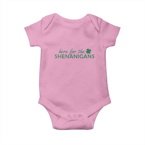 Funny Irish St Patricks Day Baby Onesie Here For The Shenanigan Shamrock TS10 Light Pink Print Your Wear