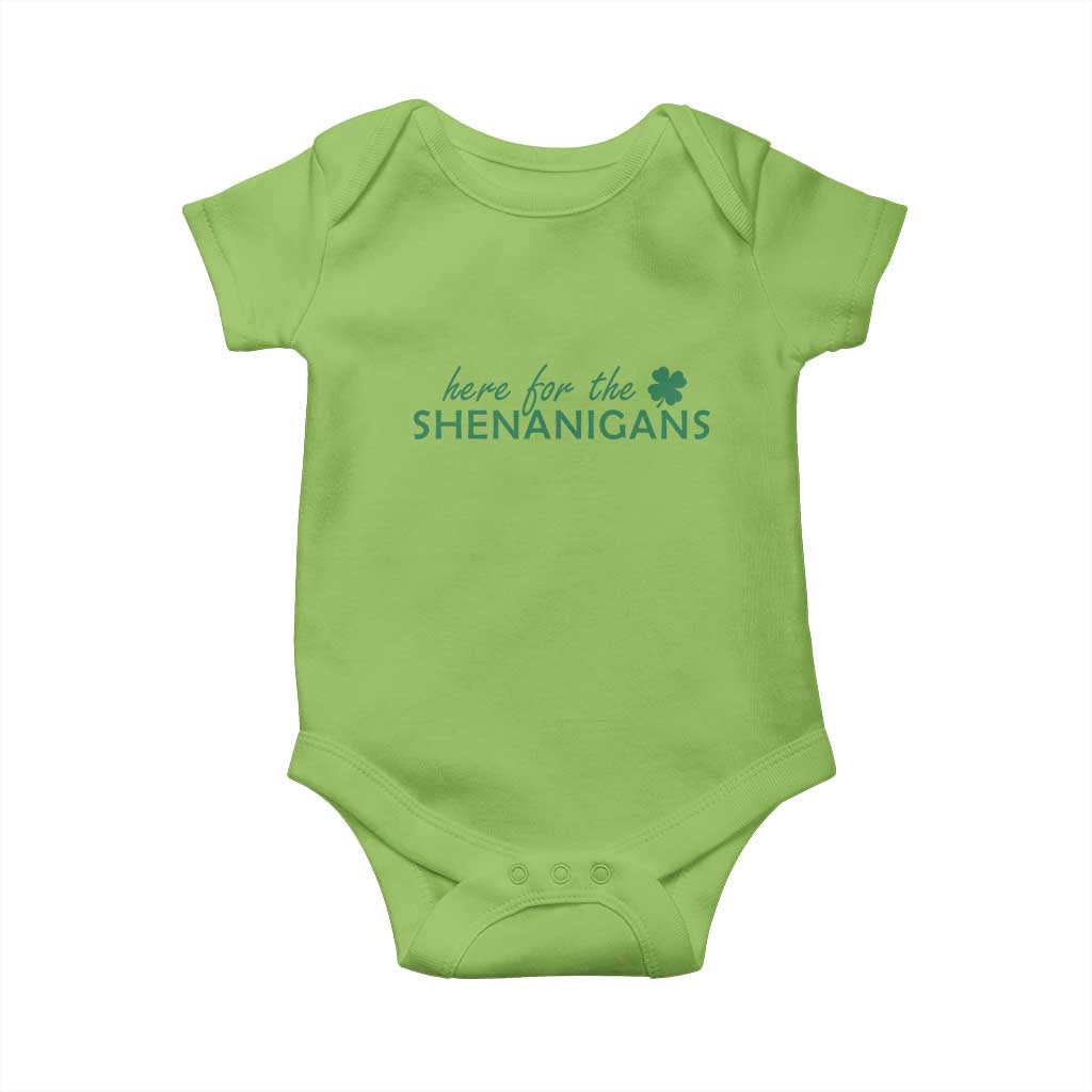 Funny Irish St Patricks Day Baby Onesie Here For The Shenanigan Shamrock TS10 Lime Print Your Wear
