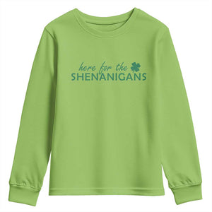 Funny Irish St Patricks Day Youth Sweatshirt Here For The Shenanigan Shamrock TS10 Lime Print Your Wear