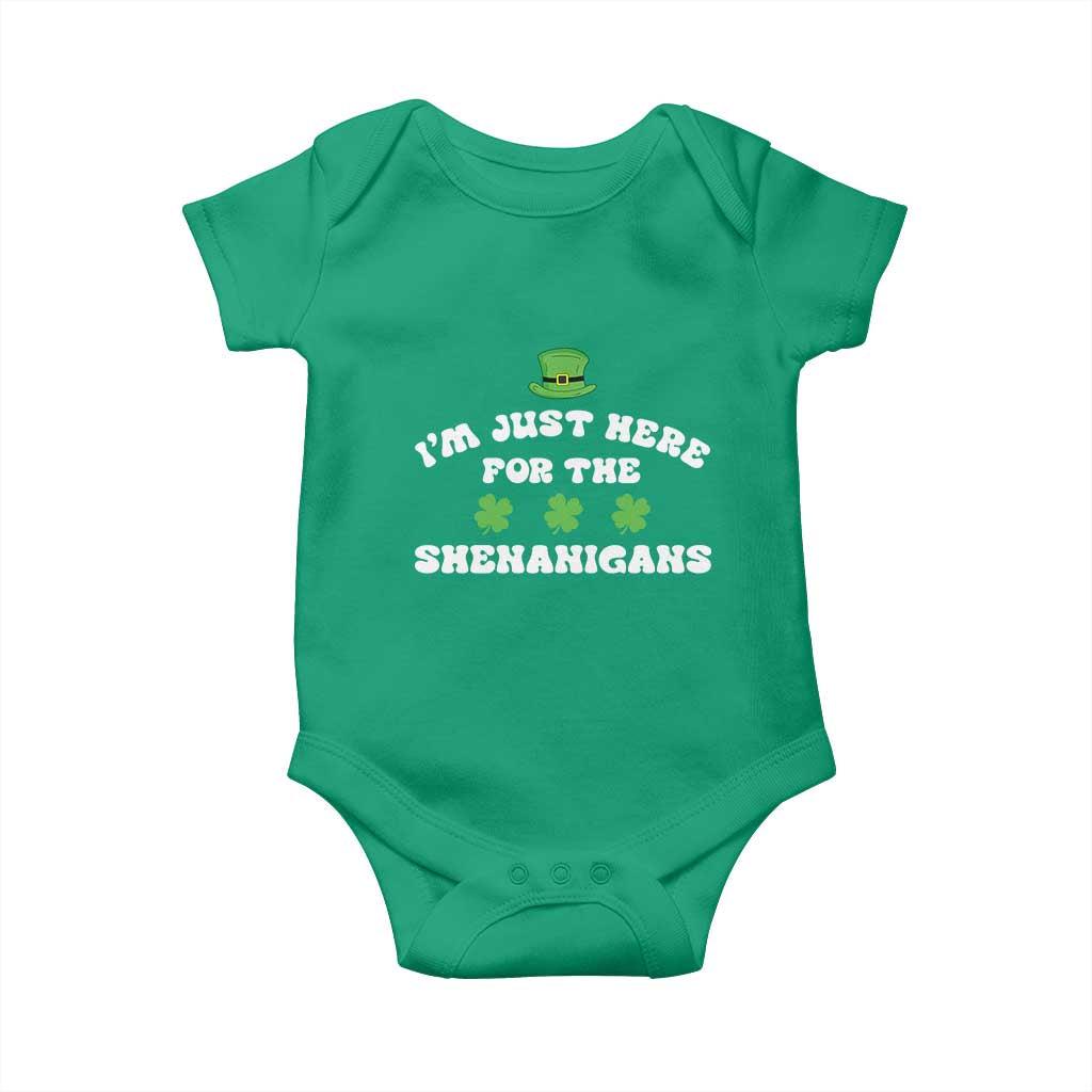 Funny Irish St Patricks Day Baby Onesie I'm Just Here For The Shenanigans Shamrock TS10 Irish Green Print Your Wear