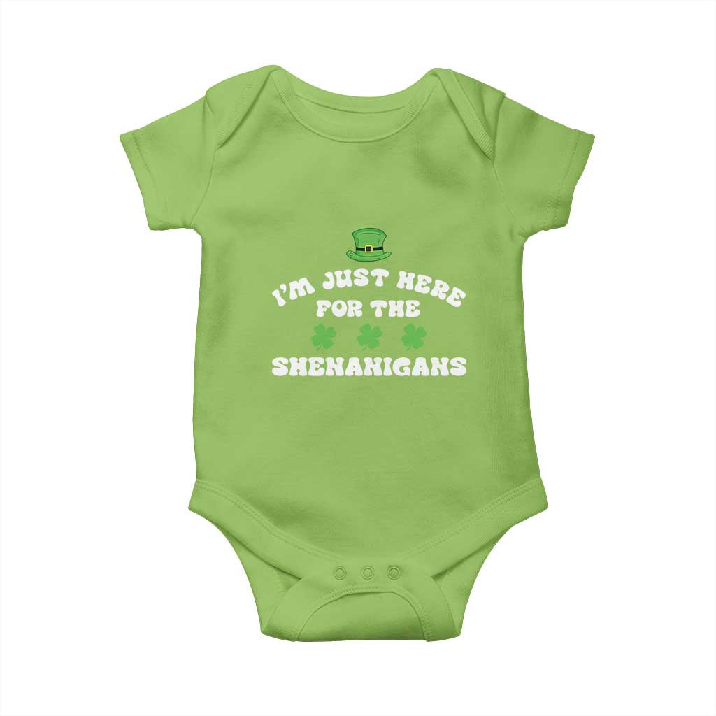 Funny Irish St Patricks Day Baby Onesie I'm Just Here For The Shenanigans Shamrock TS10 Lime Print Your Wear