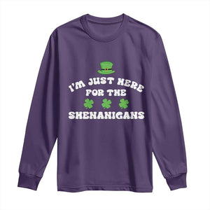 Funny Irish St Patricks Day Long Sleeve Shirt I'm Just Here For The Shenanigans Shamrock TS10 Purple Print Your Wear