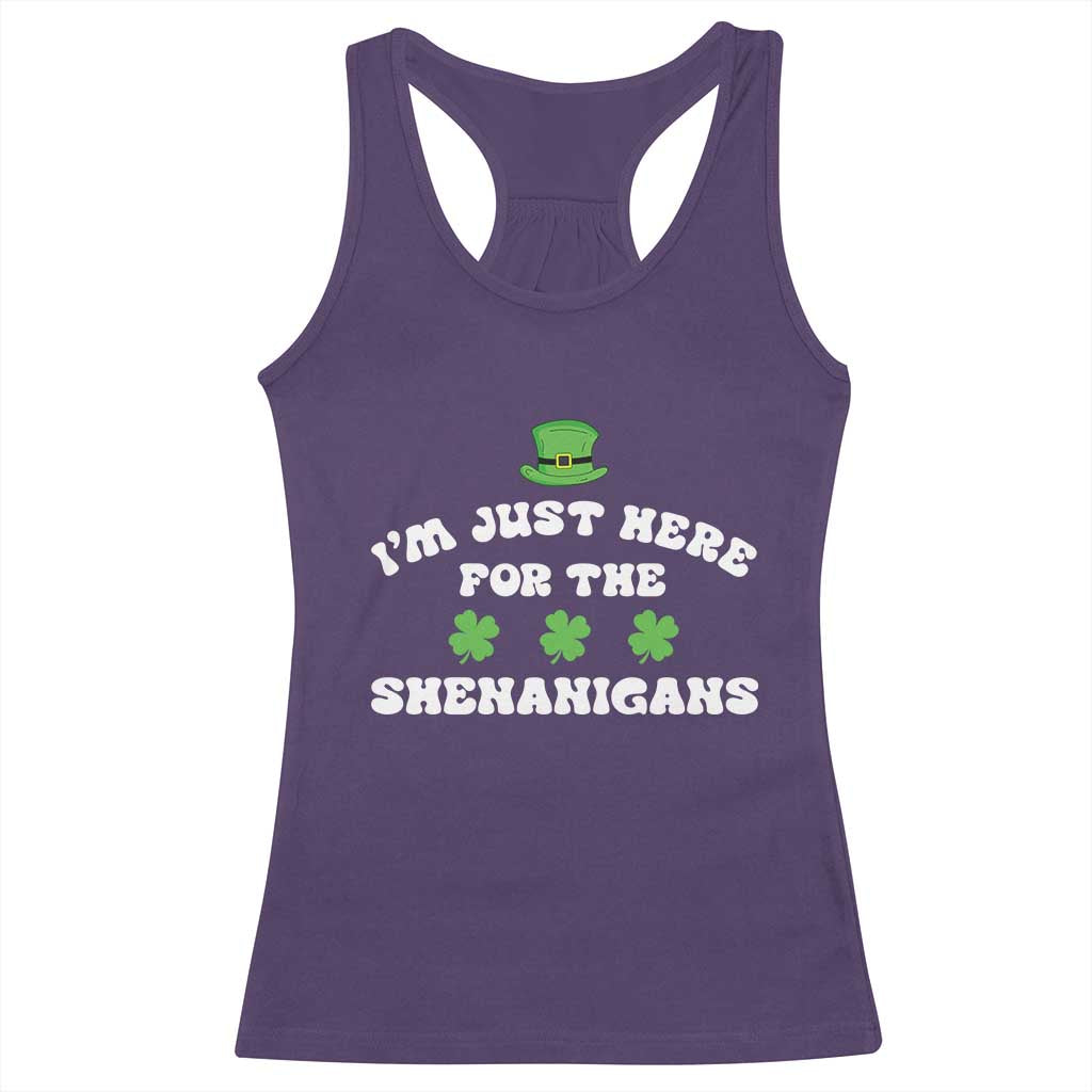 Funny Irish St Patricks Day Racerback Tank Top I'm Just Here For The Shenanigans Shamrock TS10 Purple Print Your Wear
