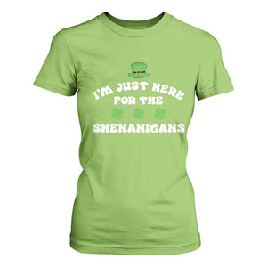 Funny Irish St Patricks Day T Shirt For Women I'm Just Here For The Shenanigans Shamrock TS10 Lime Print Your Wear