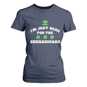 Funny Irish St Patricks Day T Shirt For Women I'm Just Here For The Shenanigans Shamrock TS10 Navy Print Your Wear