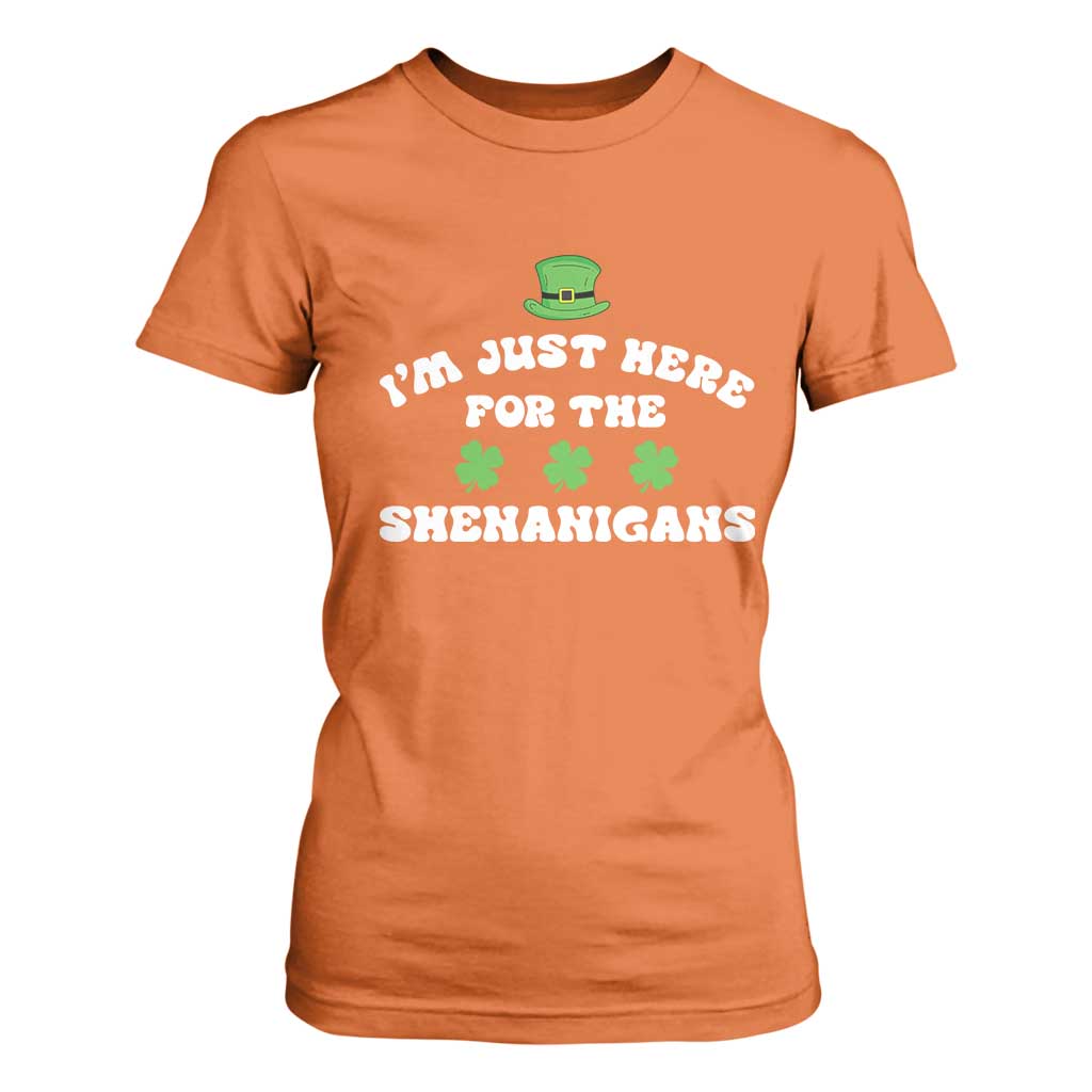 Funny Irish St Patricks Day T Shirt For Women I'm Just Here For The Shenanigans Shamrock TS10 Orange Print Your Wear