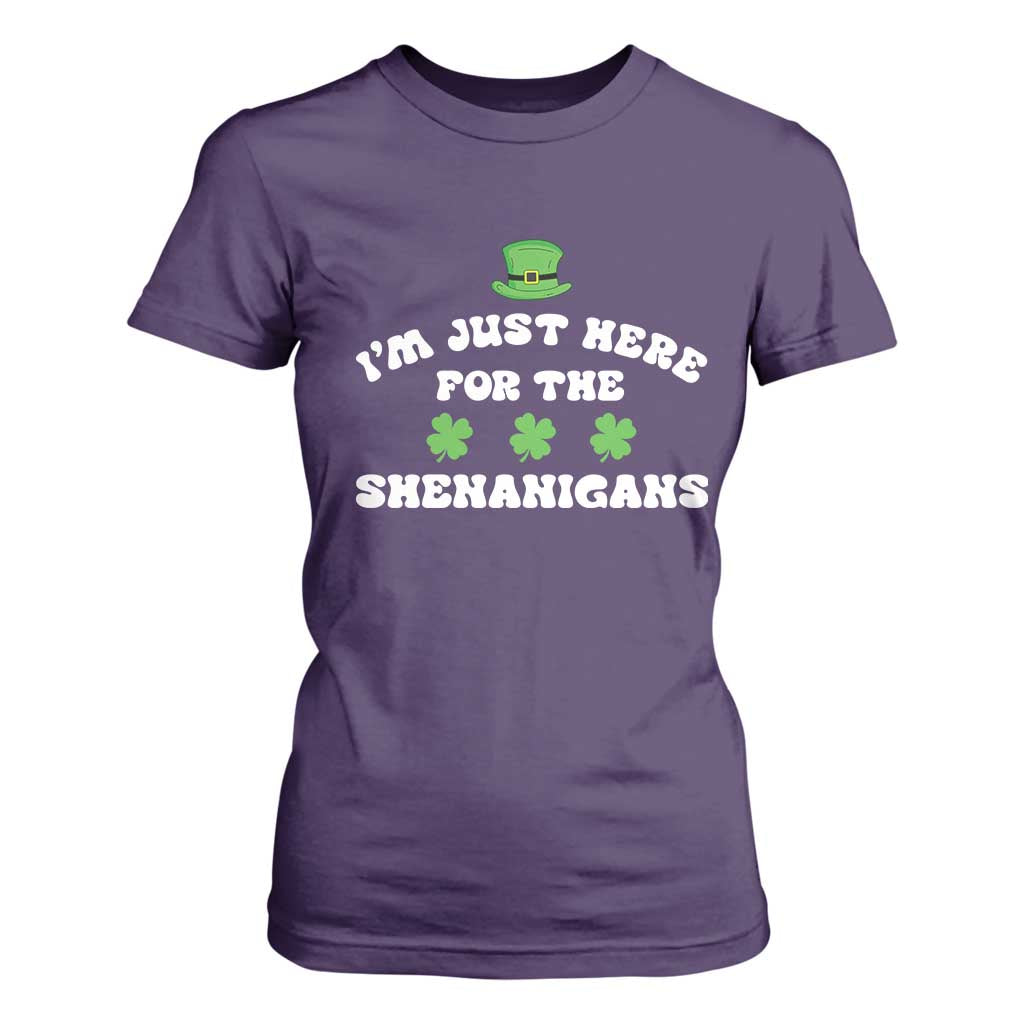 Funny Irish St Patricks Day T Shirt For Women I'm Just Here For The Shenanigans Shamrock TS10 Purple Print Your Wear