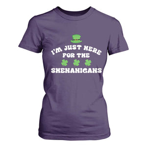 Funny Irish St Patricks Day T Shirt For Women I'm Just Here For The Shenanigans Shamrock TS10 Purple Print Your Wear