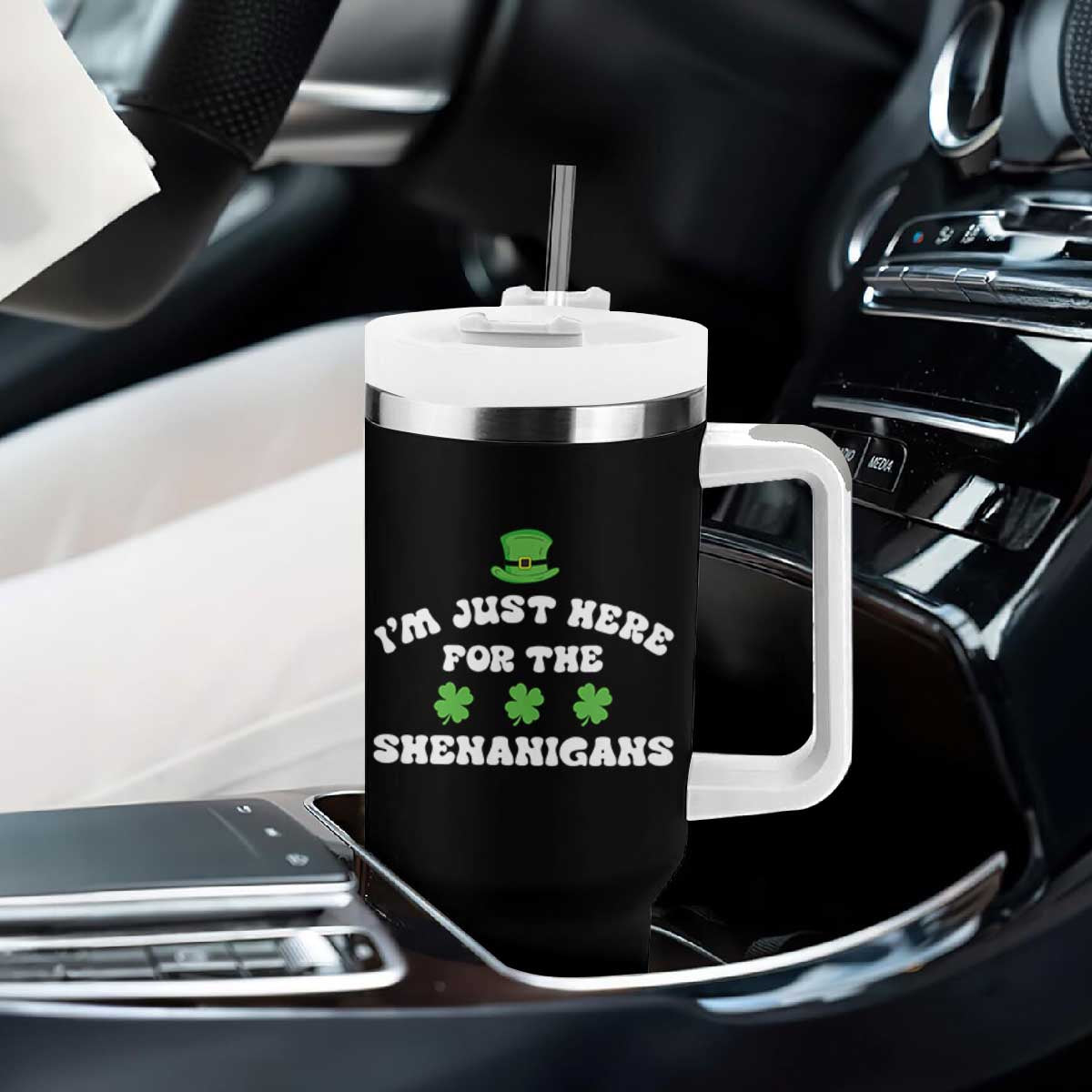 Funny Irish St Patricks Day Tumbler With Handle I'm Just Here For The Shenanigans Shamrock TS10 Print Your Wear