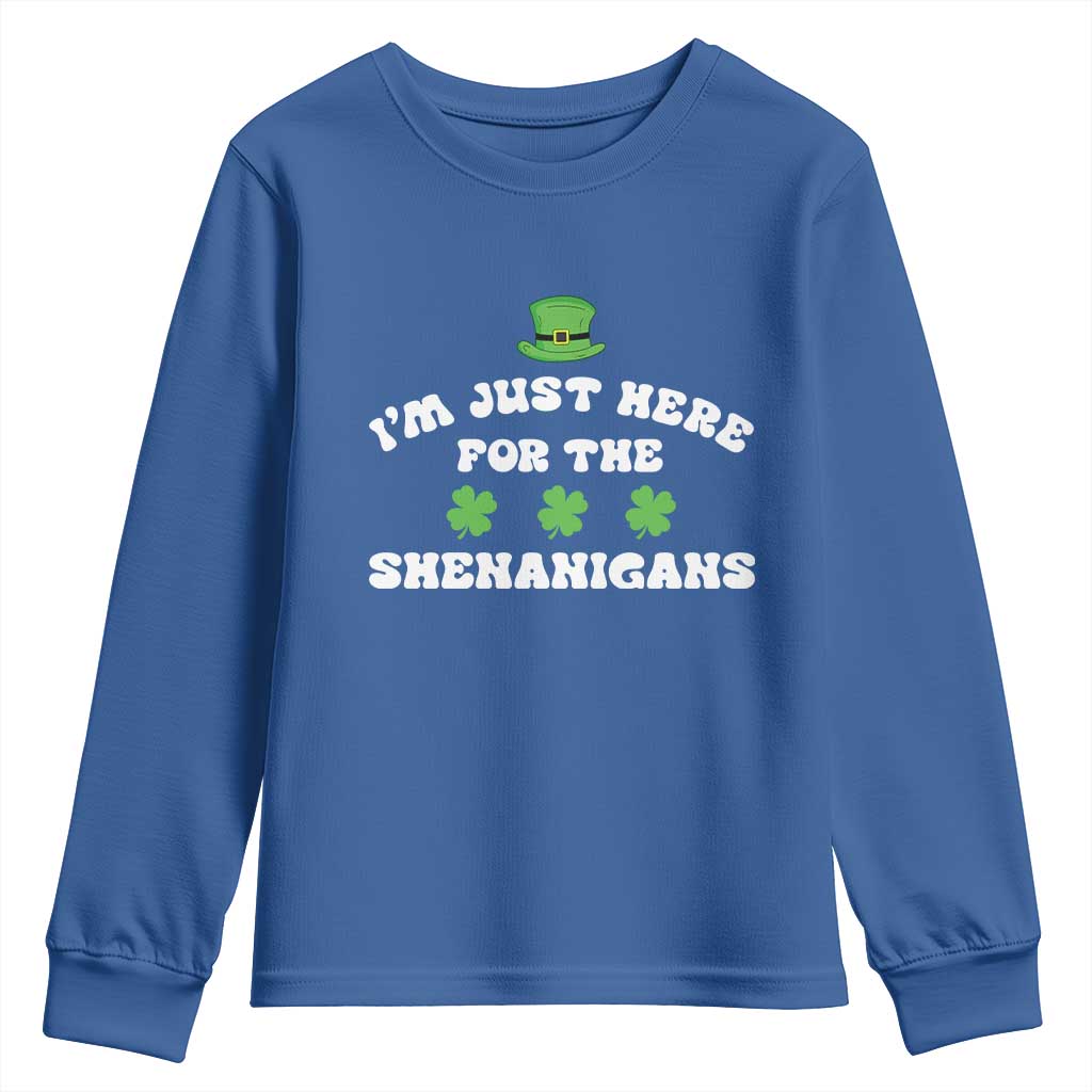 Funny Irish St Patricks Day Youth Sweatshirt I'm Just Here For The Shenanigans Shamrock TS10 Royal Blue Print Your Wear