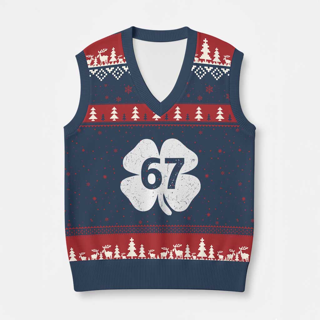 Funny Irish St Patricks Day Shamrock 67 V-Neck Knit Sweater Vest Six Seven 6 7 Meme Gen Alpha Slang TS10 Navy Red Print Your Wear