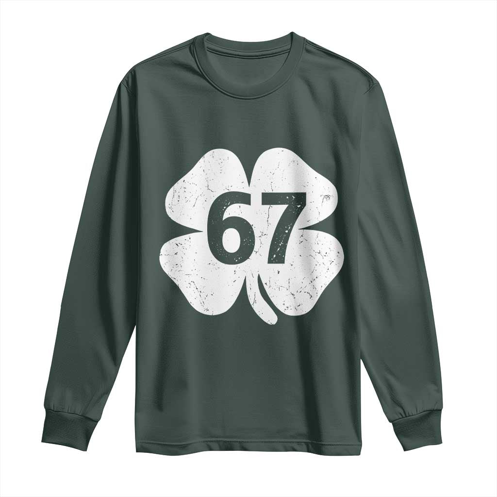Funny Irish St Patricks Day Shamrock 67 Long Sleeve Shirt Six Seven 6 7 Meme Gen Alpha Slang TS10 Dark Forest Green Print Your Wear