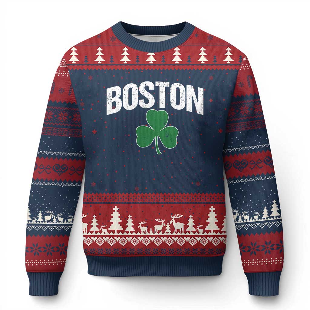Boston Ugly Christmas Sweater St Patricks Day Irish Green Shamrock Massachusetts TS10 Navy Red Print Your Wear