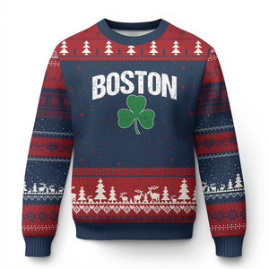 Boston Ugly Christmas Sweater St Patricks Day Irish Green Shamrock Massachusetts TS10 Navy Red Print Your Wear