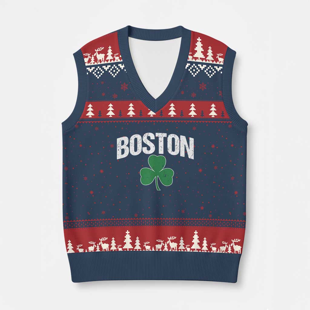 Boston V-Neck Knit Sweater Vest St Patricks Day Irish Green Shamrock Massachusetts TS10 Navy Red Print Your Wear