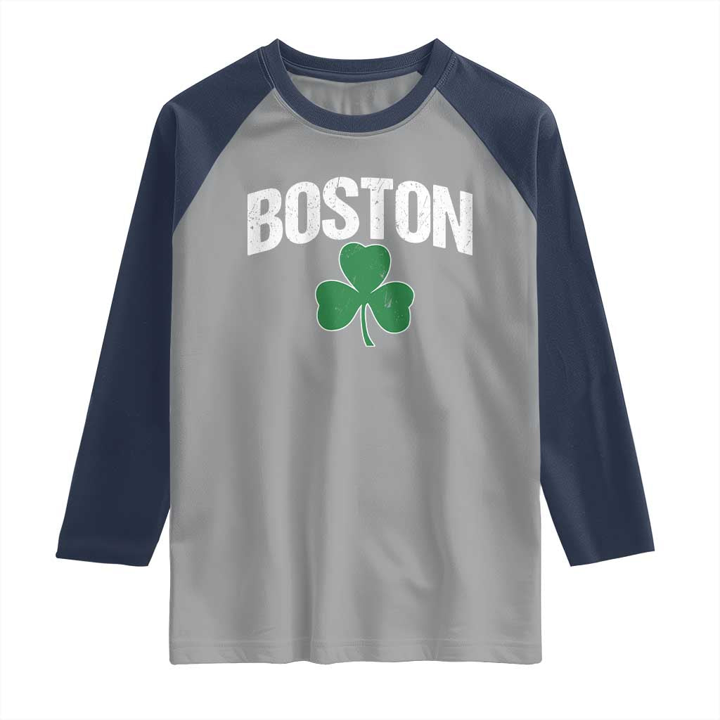 Boston Raglan Shirt St Patricks Day Irish Green Shamrock Massachusetts TS10 Sport Gray Navy Print Your Wear
