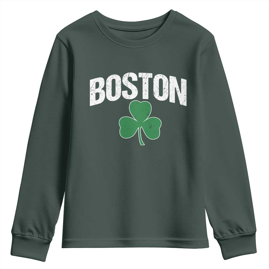 Boston Youth Sweatshirt St Patricks Day Irish Green Shamrock Massachusetts TS10 Dark Forest Green Print Your Wear