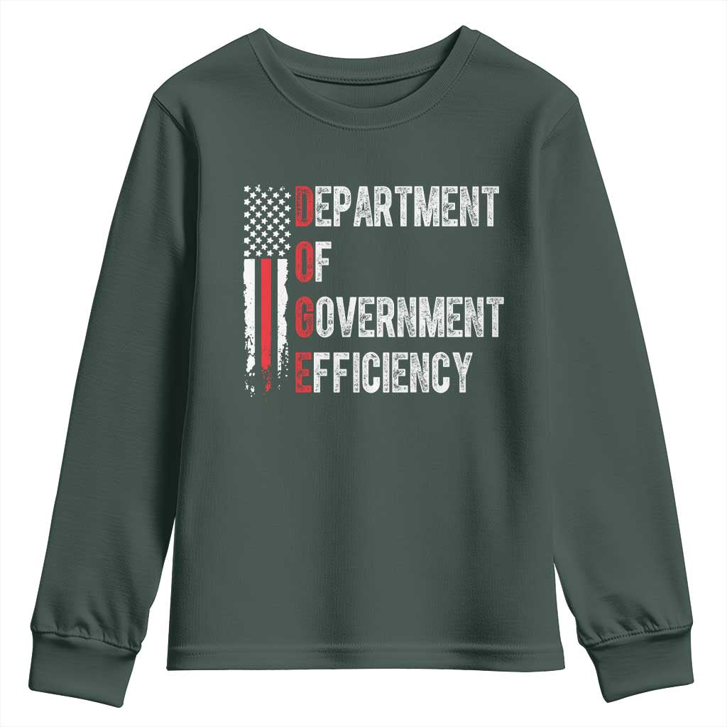 DOGE Department Of Government Efficiency Youth Sweatshirt D.O.G.E. Partiotic US Flag TS10 Dark Forest Green Print Your Wear