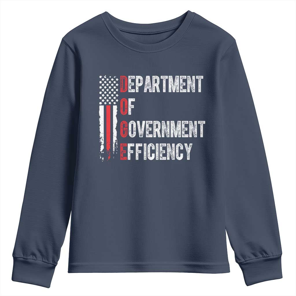 DOGE Department Of Government Efficiency Youth Sweatshirt D.O.G.E. Partiotic US Flag TS10 Navy Print Your Wear