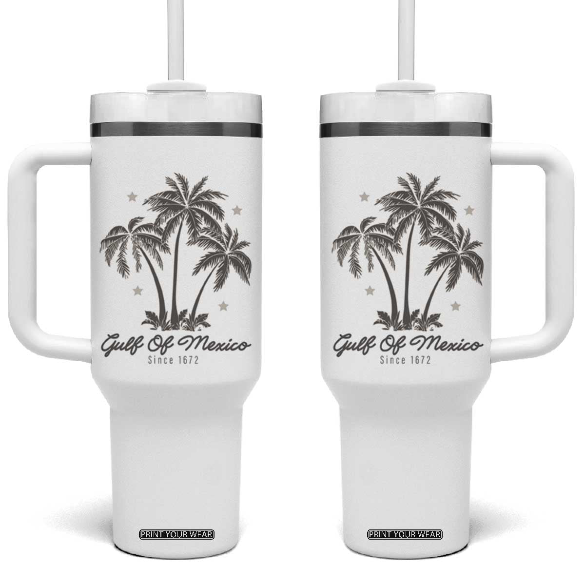 Gulf of Mexico Tumbler With Handle 1672 Retro Beach Vibe Palm Trees TS10 One Size: 40 oz White Print Your Wear