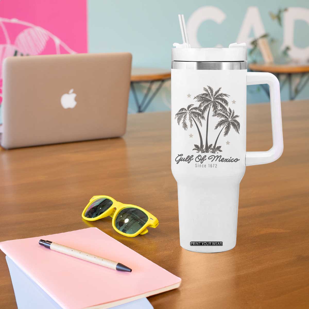 Gulf of Mexico Tumbler With Handle 1672 Retro Beach Vibe Palm Trees TS10 Print Your Wear