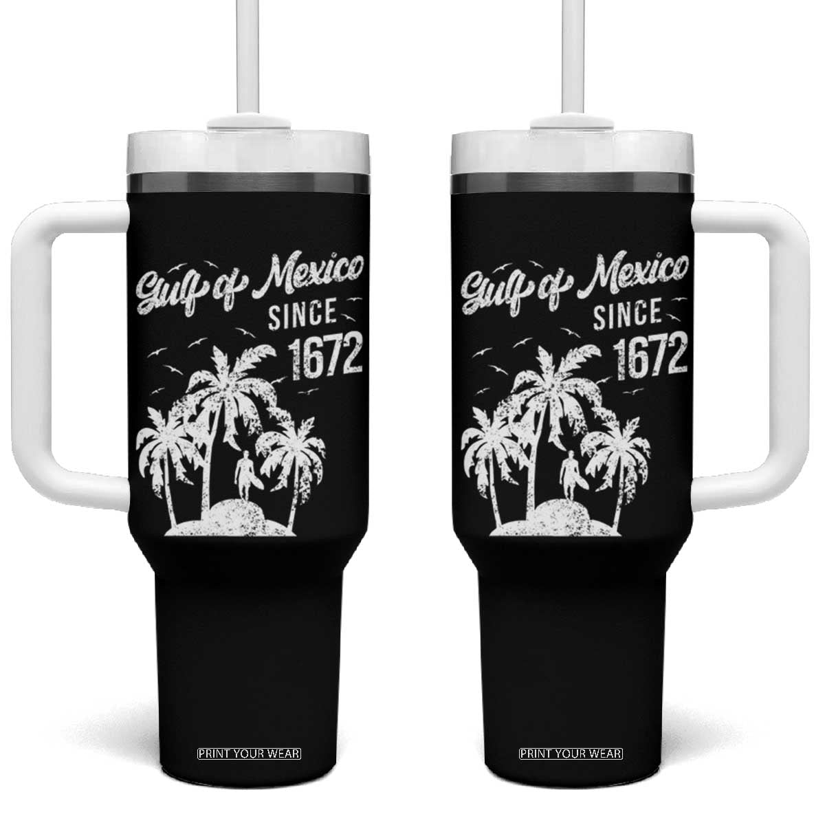 Gulf of Mexico Tumbler With Handle Since 1672 Palm Trees Beach TS10 One Size: 40 oz Black Print Your Wear