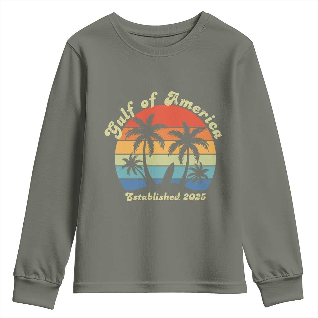 Gulf Of USA Youth Sweatshirt Island Palm Summer Beach Vibes Established 2025 TS10 Military Green Print Your Wear