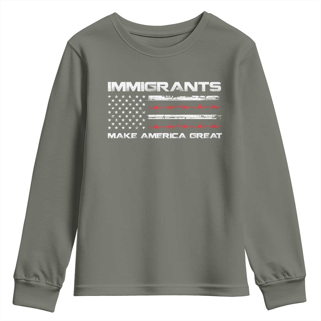 Immigrants Make America Great Youth Sweatshirt American Flag TS10 Military Green Print Your Wear