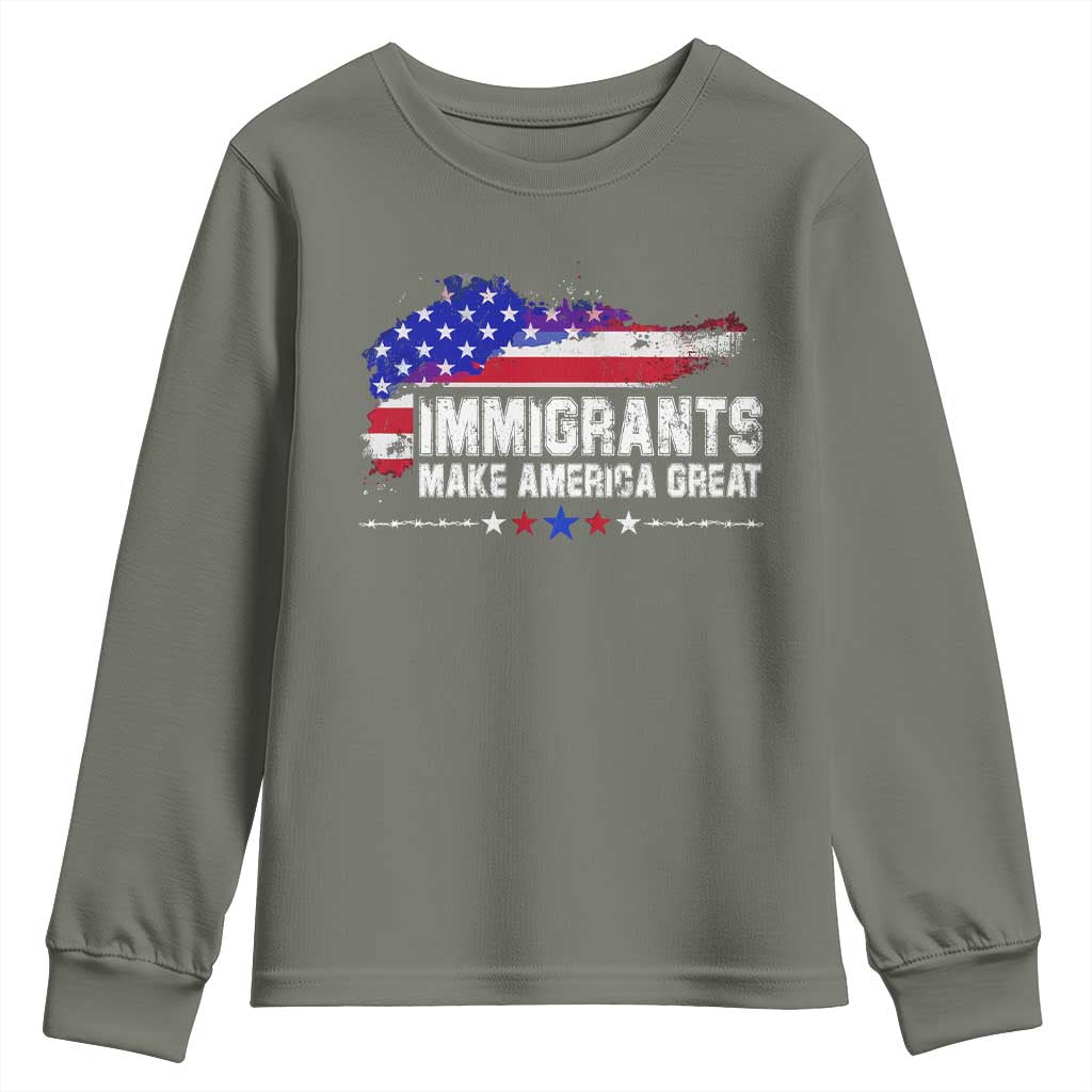Immigrants Make America Great Youth Sweatshirt American Flag Pro Immigration TS10 Military Green Print Your Wear