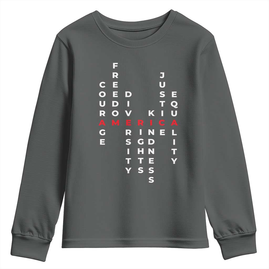 Equal Rights Youth Sweatshirt Courage Freedom Diversity Rights Kindness Justice Equality TS10 Dark Heather Print Your Wear