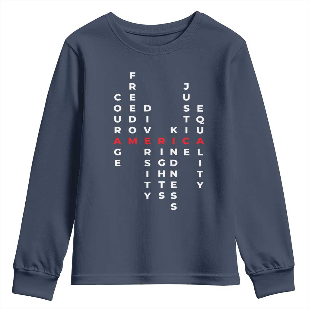 Equal Rights Youth Sweatshirt Courage Freedom Diversity Rights Kindness Justice Equality TS10 Navy Print Your Wear
