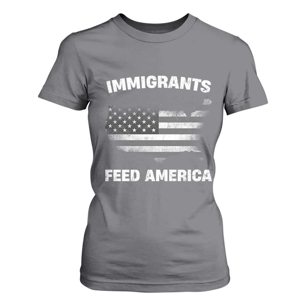 Immigrants Feed America T Shirt For Women Grunge US Flag TS10 Charcoal Print Your Wear