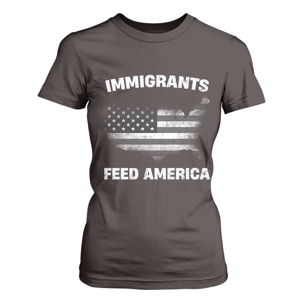Immigrants Feed America T Shirt For Women Grunge US Flag TS10 Dark Chocolate Print Your Wear