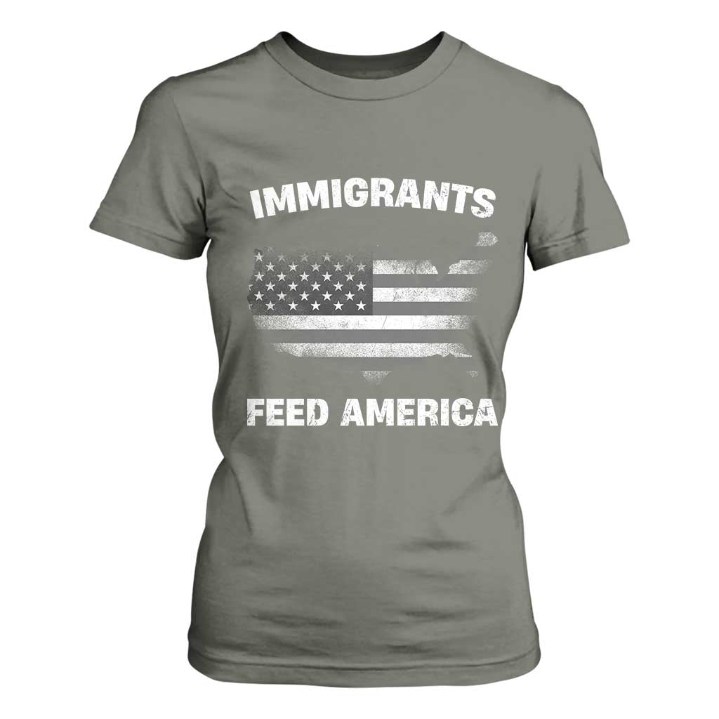 Immigrants Feed America T Shirt For Women Grunge US Flag TS10 Military Green Print Your Wear