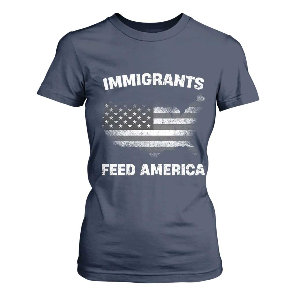 Immigrants Feed America T Shirt For Women Grunge US Flag TS10 Navy Print Your Wear