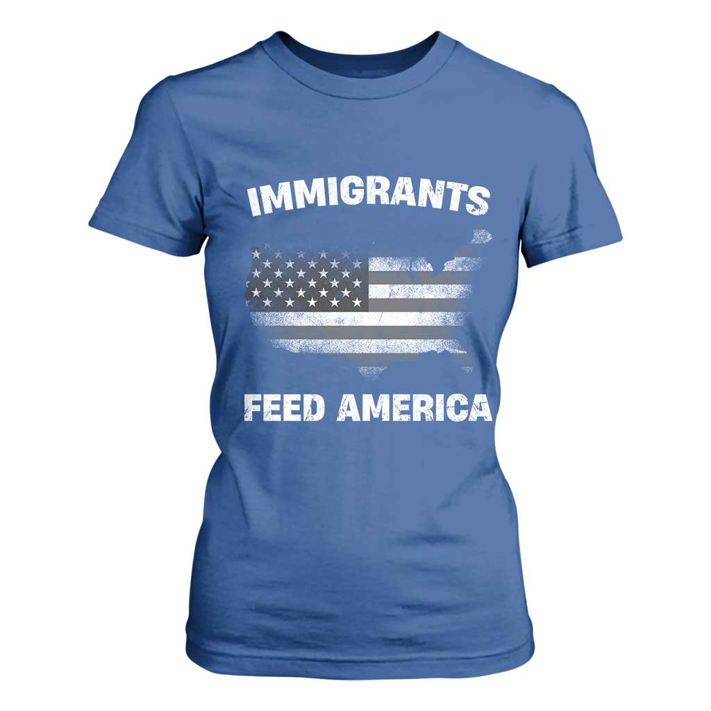 Immigrants Feed America T Shirt For Women Grunge US Flag TS10 Royal Blue Print Your Wear