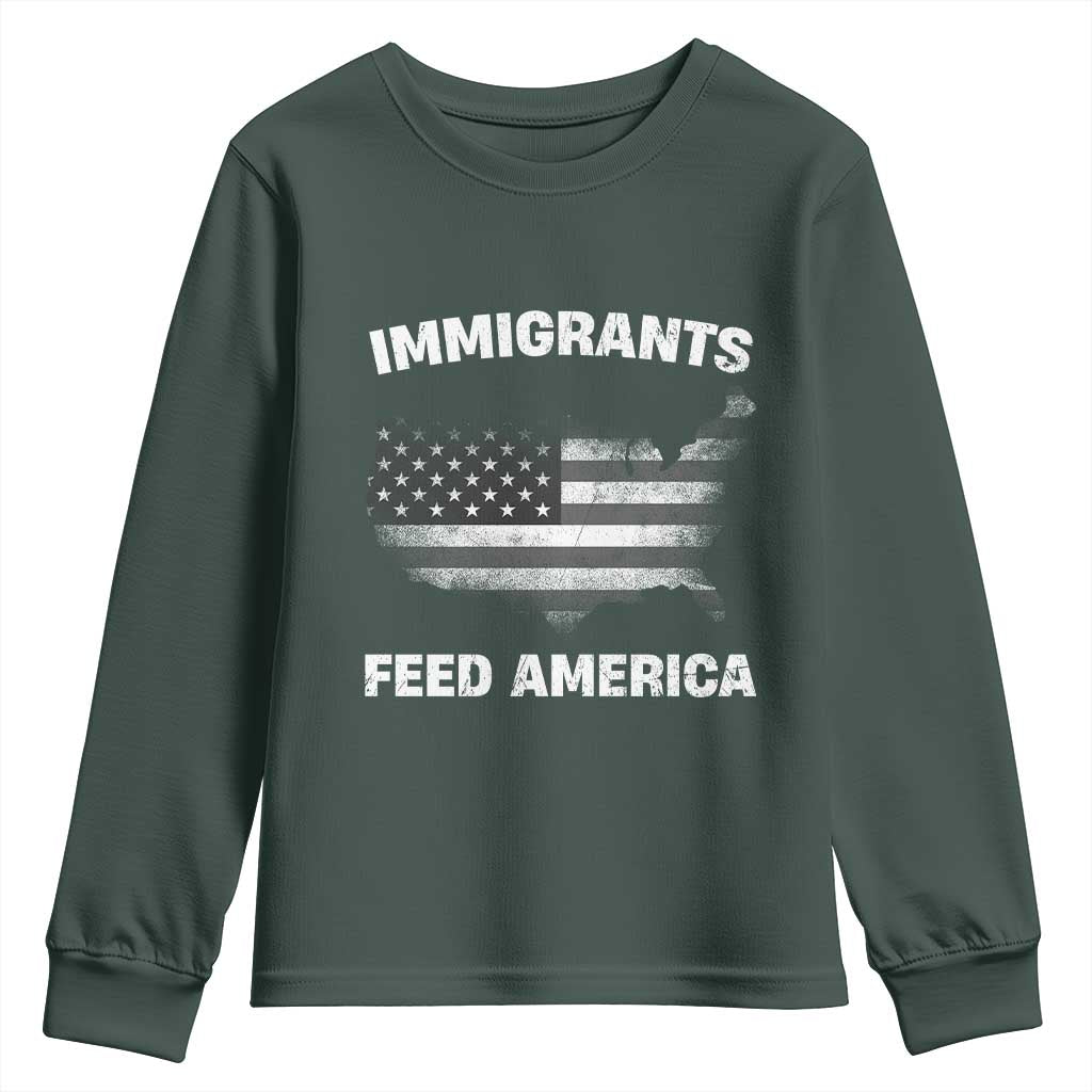 Immigrants Feed America Youth Sweatshirt Grunge US Flag TS10 Dark Forest Green Print Your Wear