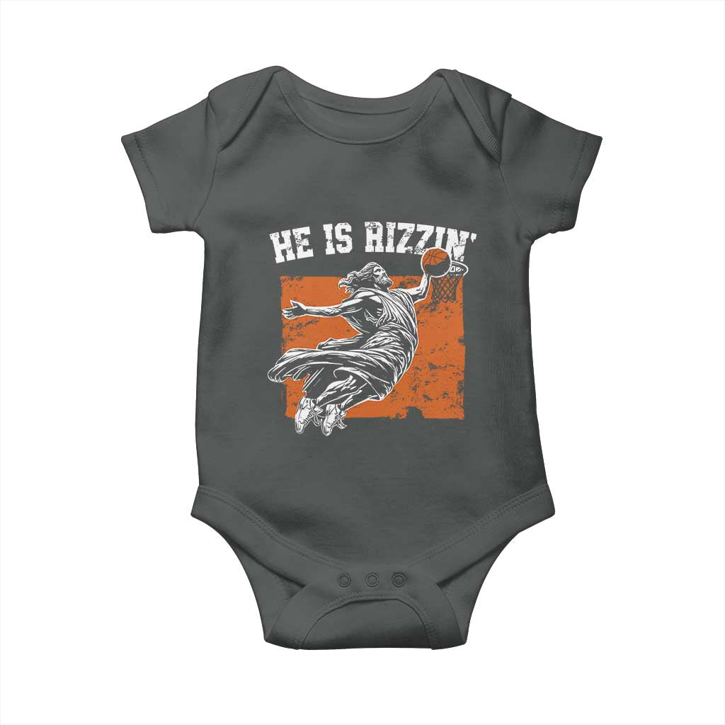 He is Rizzin Baby Onesie Funny Jesus Playing Basketball Vintage Faith TS10 Dark Heather Print Your Wear