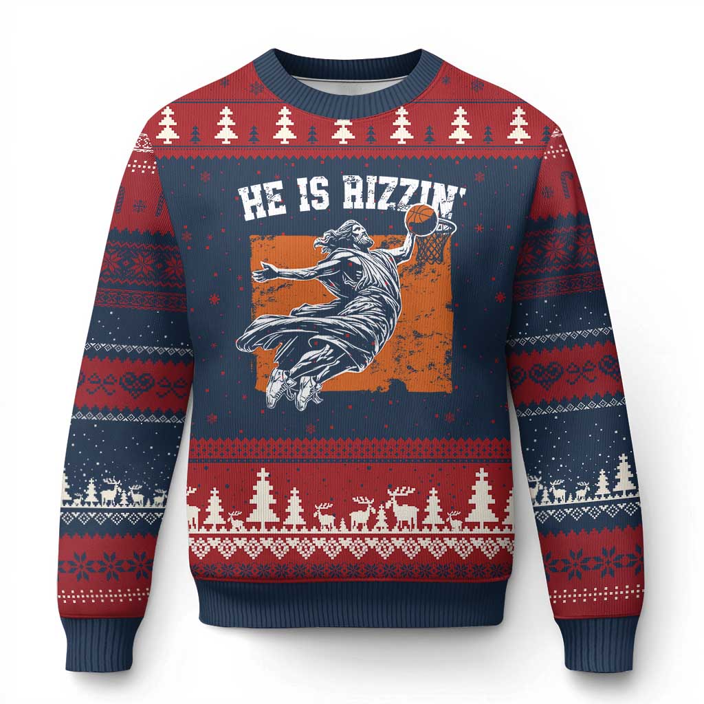 He is Rizzin Ugly Christmas Sweater Funny Jesus Playing Basketball Vintage Faith TS10 Navy Red Print Your Wear