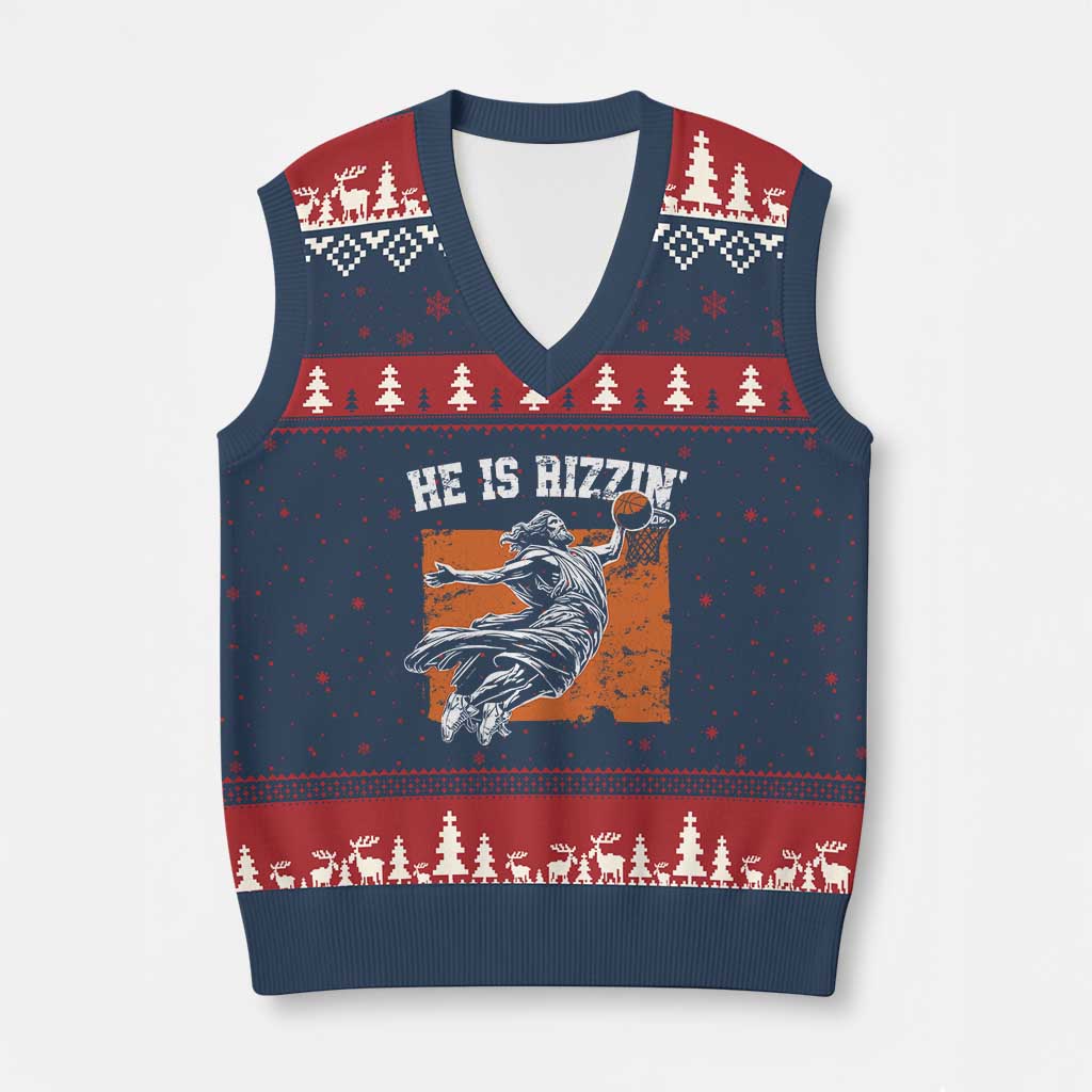 He is Rizzin V-Neck Knit Sweater Vest Funny Jesus Playing Basketball Vintage Faith TS10 Navy Red Print Your Wear