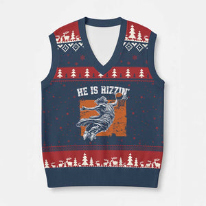 He is Rizzin V-Neck Knit Sweater Vest Funny Jesus Playing Basketball Vintage Faith TS10 Navy Red Print Your Wear