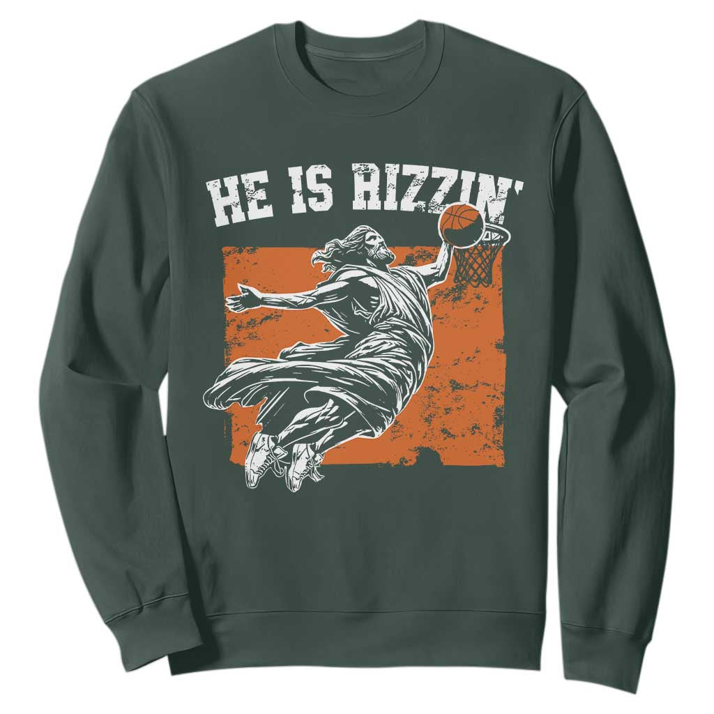 He is Rizzin Sweatshirt Funny Jesus Playing Basketball Vintage Faith TS10 Dark Forest Green Print Your Wear