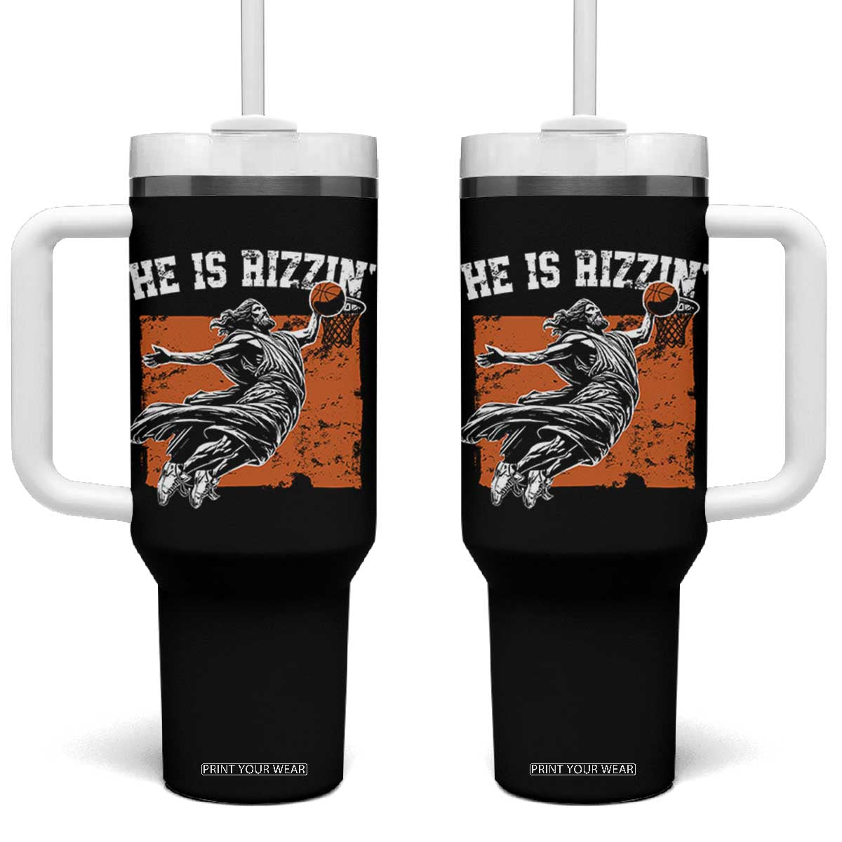 He is Rizzin Tumbler With Handle Funny Jesus Playing Basketball Vintage Faith TS10 One Size: 40 oz Black Print Your Wear