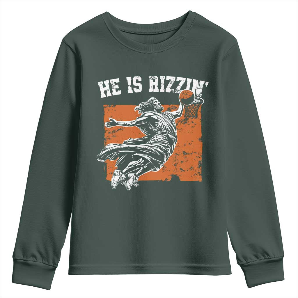 He is Rizzin Youth Sweatshirt Funny Jesus Playing Basketball Vintage Faith TS10 Dark Forest Green Print Your Wear
