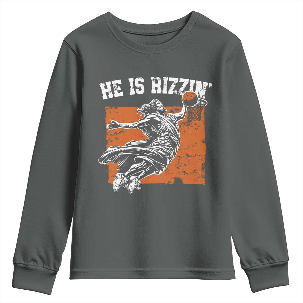 He is Rizzin Youth Sweatshirt Funny Jesus Playing Basketball Vintage Faith TS10 Dark Heather Print Your Wear