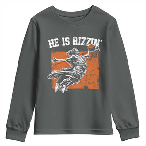 He is Rizzin Youth Sweatshirt Funny Jesus Playing Basketball Vintage Faith TS10 Dark Heather Print Your Wear