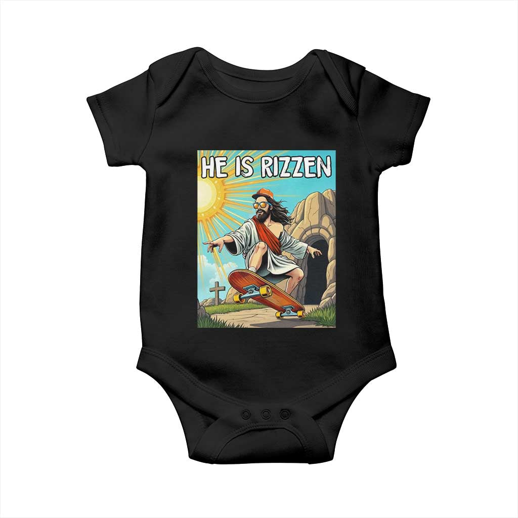 He is Rizzen Baby Onesie Funny Jesus Skateboarding Christian Meme TS10 Black Print Your Wear